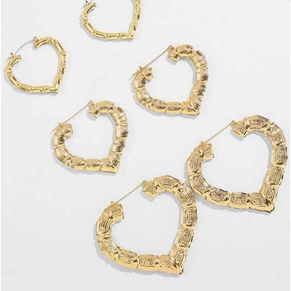 Three Pairs Heart Shaped Bamboo Joint Drop Earrings - Big, Medium and Smaller. - Picture 2 of 6